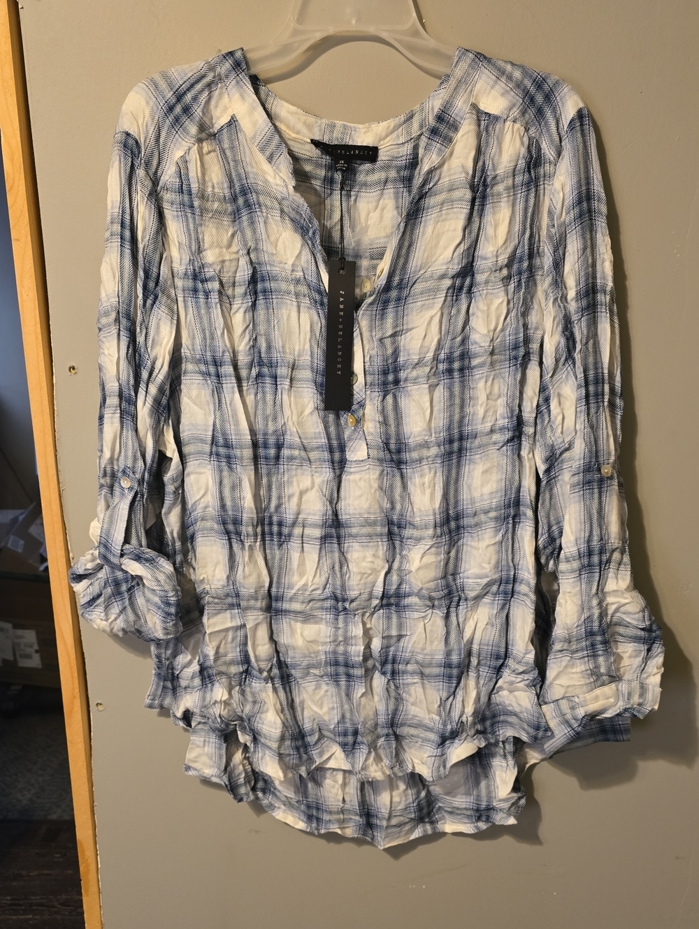 Jane and Delancey White and Blue Plaid Roll-Sleeve Tunic